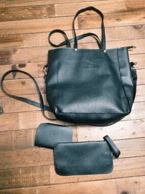 Jingpin 3pc Bag Set Black Pebbled Faux Leather Tote Matching Wallets